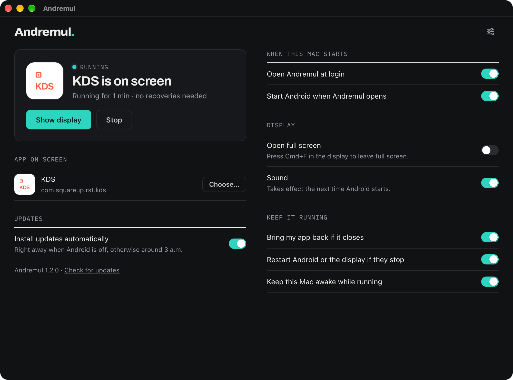 Andremul showing a kitchen display app running for one minute with no recoveries needed, with switches to start at login, open full screen and bring the app back if it closes.